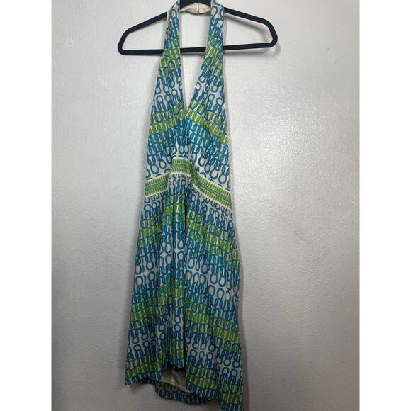 Vintage Trina Turk Silk Mini Dress White Blue Green Halter-Neck Backless Sz 10 - Picture 1 of 4
